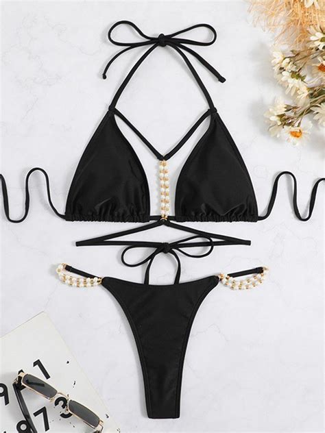 Emmiol Free Shipping 2023 Faux Pearl Embellish Black Bikini Set Black M