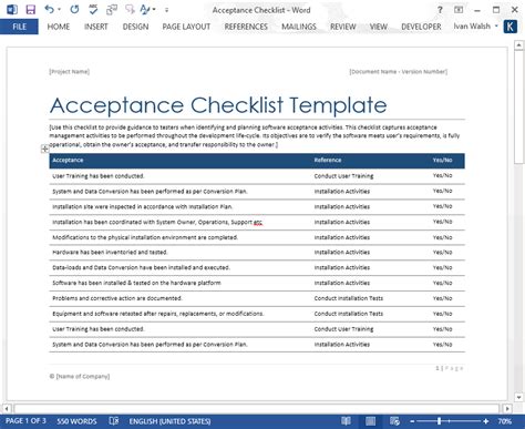 Testing Checklist Template