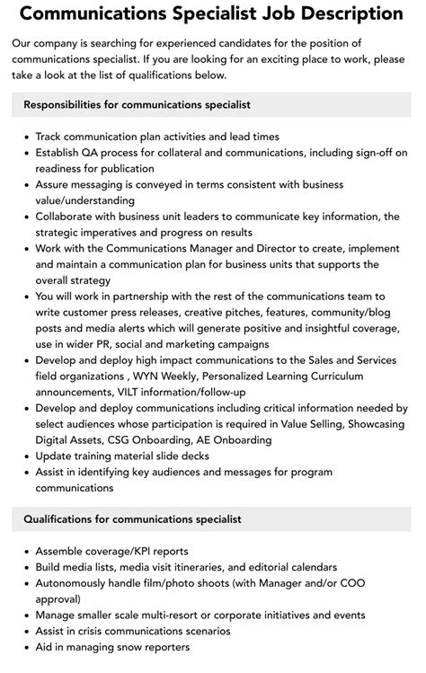 Communications Specialist Job Description Velvet Jobs