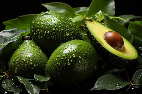 Premium AI Image Avocados Are On A Plate With A Leaf That Has Water