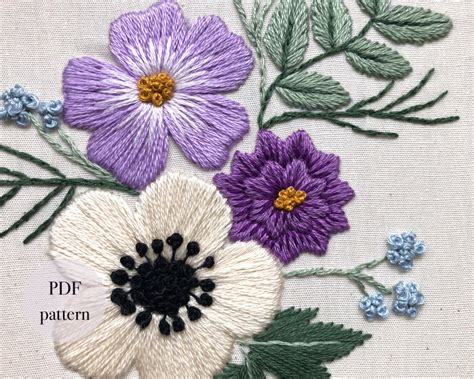 White Anemone Flower Hand Embroidery Pattern Purple Floral Etsy