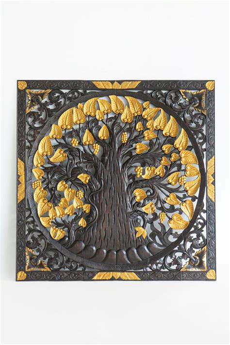 Buddha Tree Wall Art Hanging, Golden Dark Brown Teak Panels, Reclaimed ...