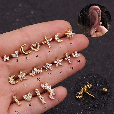 Silver Gold Color Cz Stud Piercing Moon Star Cartilage Earring Conch