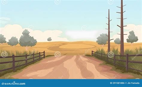 Vector Illustration Of A Rural Road In The Field With Trees And Grass