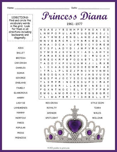 Free Printable Princess Diana Word Search In 2022 Princess Diana