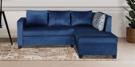 Buy Blissplus Velvet Lhs Sectional Sofa Lounger In Blue Colour At