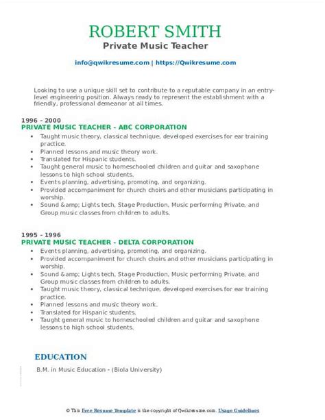 Private Music Teacher Resume Samples Qwikresume