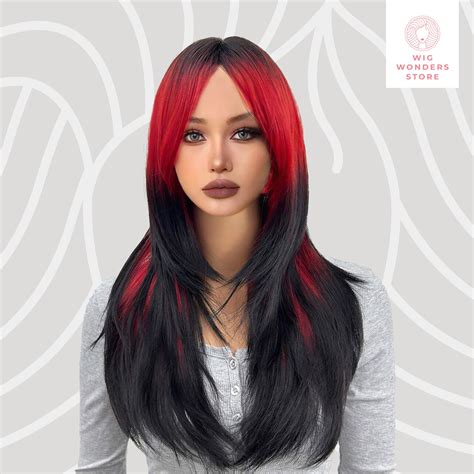 Black And Bright Red Wig Red Wig Long Straight Wig Long Wig T For