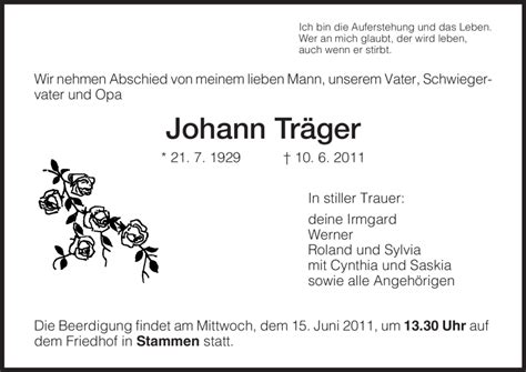 Traueranzeigen von Johann Träger Trauer HNA de