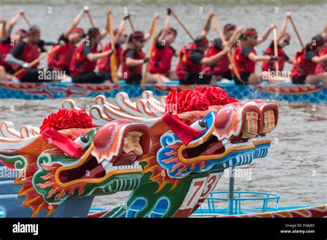 A dragon boat team participates in the annual Dragon Boat race on ...