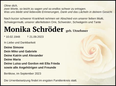 Traueranzeigen Von Monika Schr Der Trauer Nordkurier