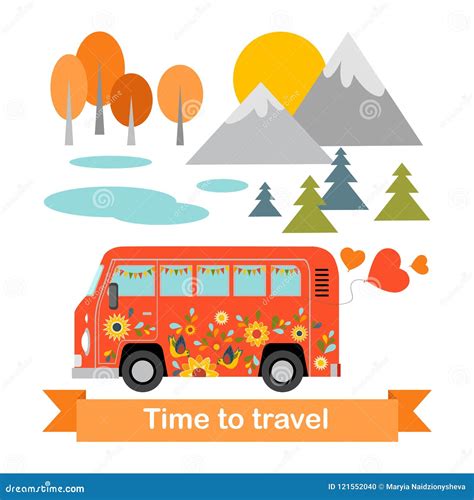 Bus Tour. Cartoon Hippie Bus on a Landscape Background Stock Vector ...