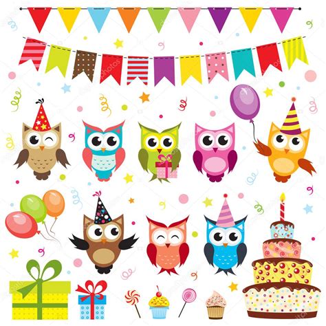 Set Of Vector Birthday Party Elements With Owls — Stock Vector © Ann