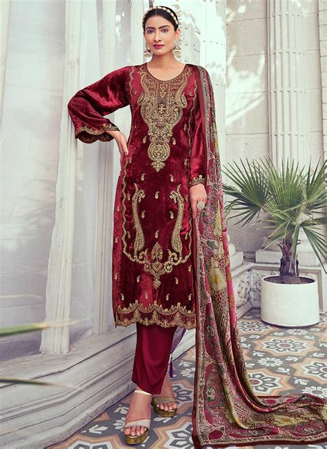 Shop Maroon Velvet Embroidered Straight Pant Suit Party Wear Online At