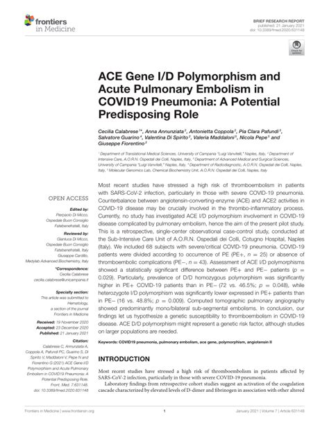 PDF ACE Gene I D Polymorphism And Acute Pulmonary Embolism In COVID19