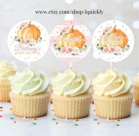 Editable Pumpkin Baby Shower Cupcake Toppers Floral Pink And Etsy