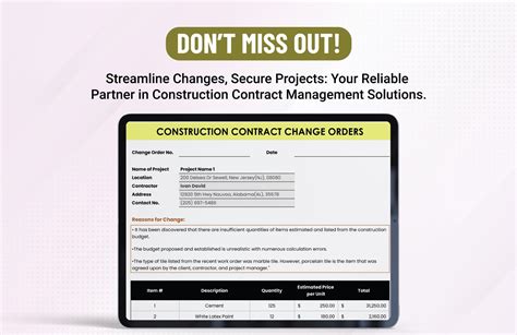 Construction Contract Change Orders Template In Apple Numbers Word