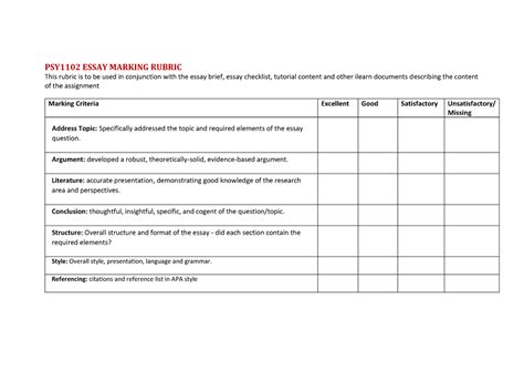 PSY 1102 Essay Marking Rubric 2021 PSY1102 ESSAY MARKING RUBRIC This