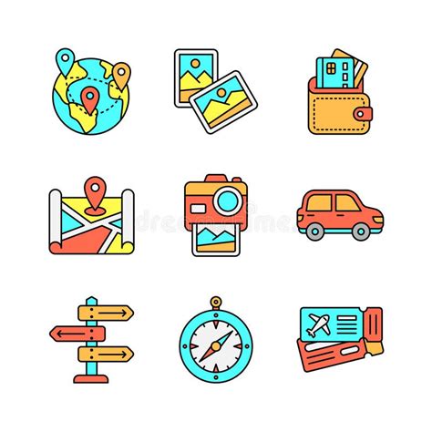 Tourism And Travel Icons Set In Colored Line Style Stock Vector