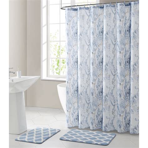 Mainstays 15 Piece Marble Polyester Shower Curtain Set Blue