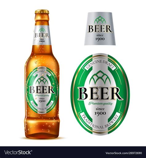 Realistic Beer Bottle With Golden Bubbles And Label Vector Lager Beer Bottle For Alcohol