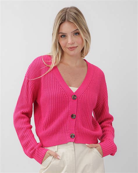 Riachuelo Cardigan Feminino Tricot Gola V O Rosa Pool By