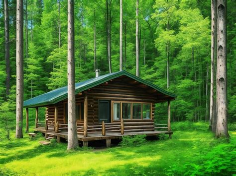 Premium Ai Image A Log Cabin In The Woods With A Green Forest In The