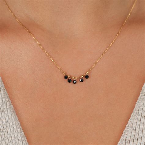 14K Solid Gold Onyx Necklace For Women Onyx Station Necklace Etsy