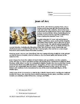 Joan Of Arc Worksheet By Oasis EdTech TPT