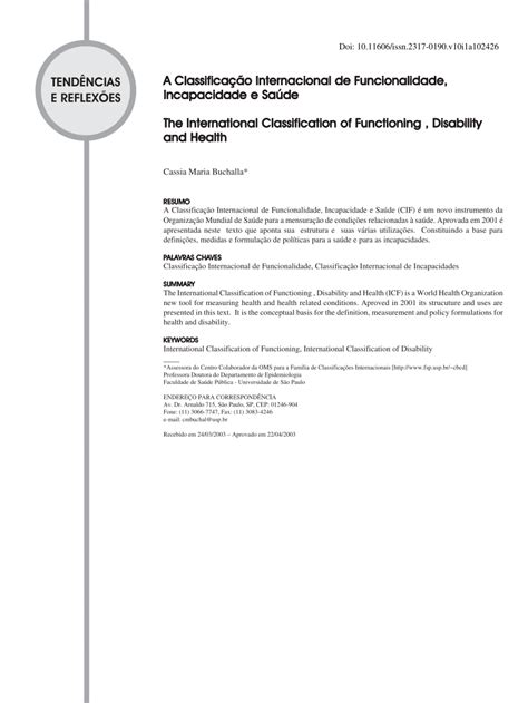 Pdf A Classificação Internacional De Funcionalidade Incapacidade E Saúde