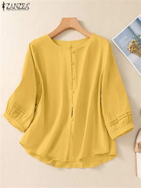 Zanzea Woman Casual Solid Shirt Spring Vintage Button Blusas Mujer 3 4