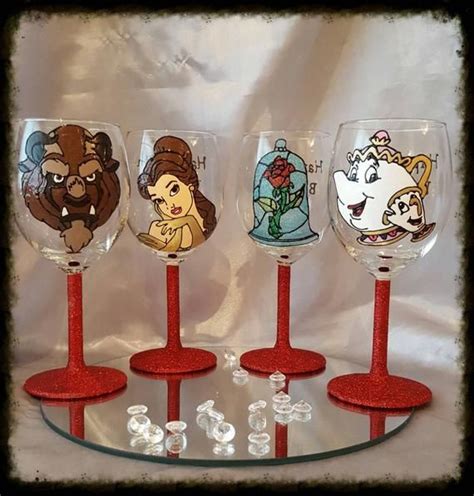 Beauty And The Beast Hand Painted Glitter Wine Glasses Set With Images