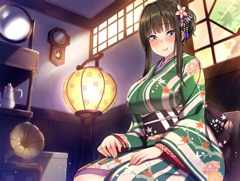 Aqua Eyes Black Hair Blush Breasts Japanese Clothes Kimono Original Y Umiharu