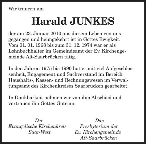 Traueranzeigen Von Harald Junkes Saarbruecker Zeitung Trauer De