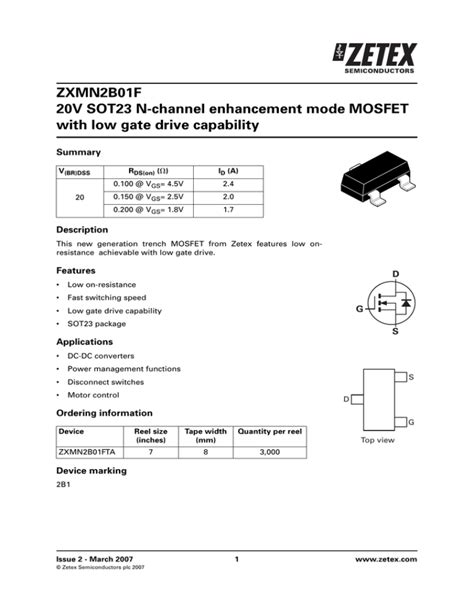 Zxmn B F V Sot N Channel Enhancement Mode Mosfet