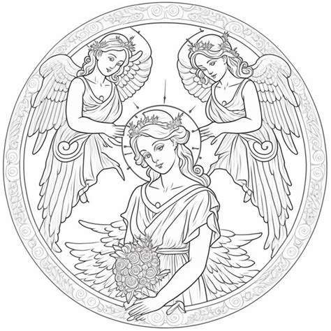 A Coloring Page Of Two Angels With Flowers And A Cross Generative Ai