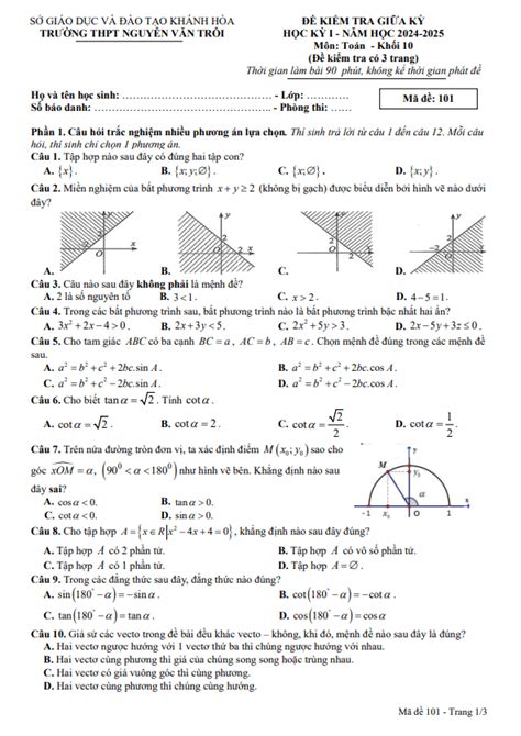 Đề giữa kỳ 1 Toán 10 năm 2024 2025 trường THPT Nguyễn Văn Trỗi