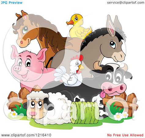 Clipart of a Happy Chicken Horse Donkey Pig Duck Cow and Sheep by a ...