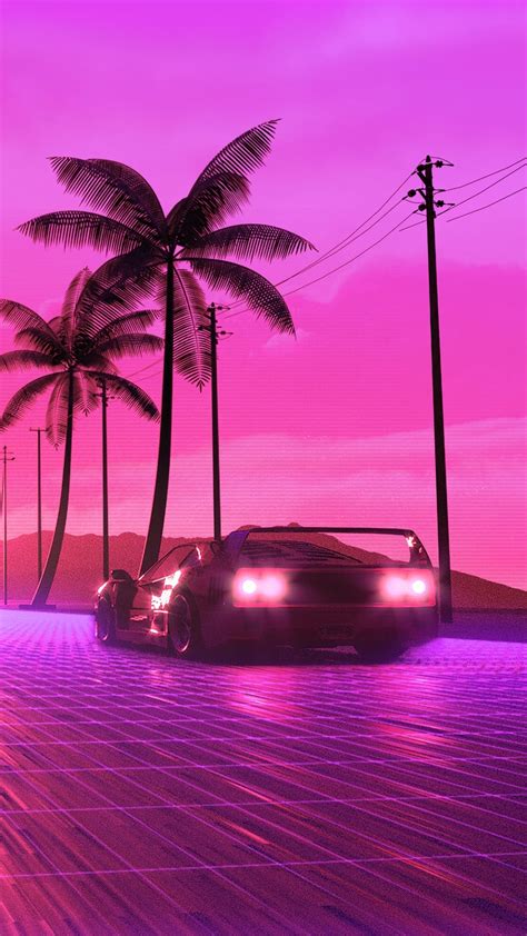 Artistic Retro Wave Palm Tree Pink Car 1080x1920 Phone Hd Wallpaper