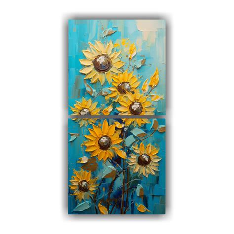 Cuadro Pintura En Lienzo De Girasoles Turquesa En La Exposici N De Arte