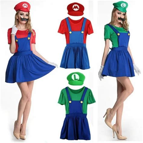 WOMENS ADULT SUPER Mario And Luigi Fancy Dress Plumber Bros Halloween