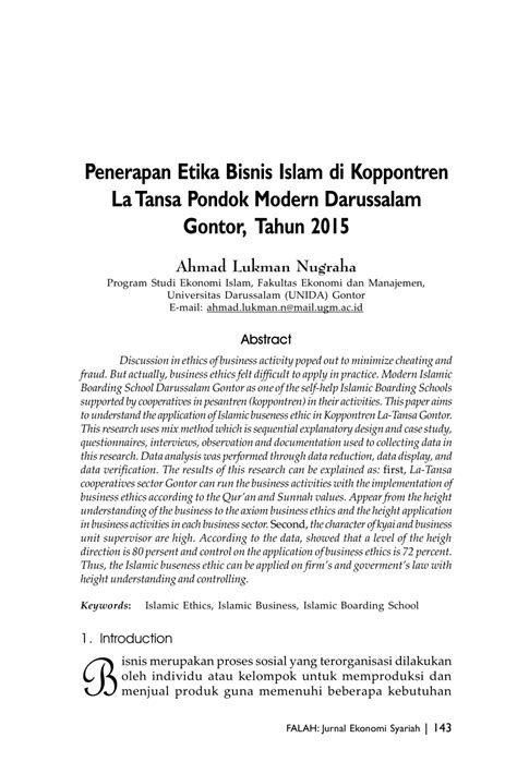 PDF Penerapan Etika Bisnis Islam Di Koppontren La Tansa Pondok Modern