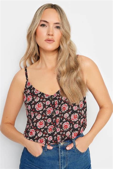 LTS Tall Womens Black Floral Print Button Through Cami Vest Top Long