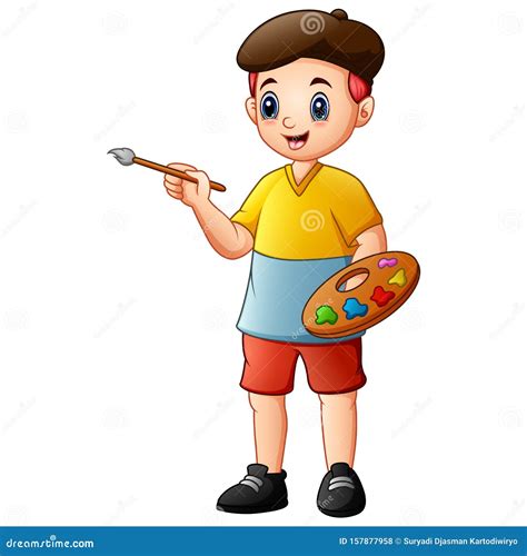 Creative Boy Holding Paintbrush And Palette With Watercolors Stock