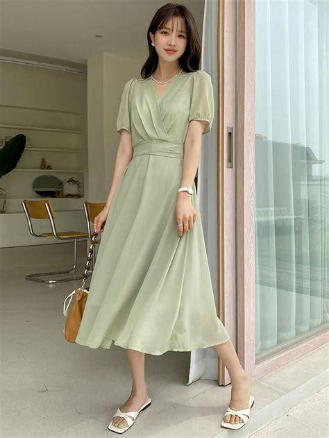 Surplice Neck Puff Sleeve Dress Mint Dress Outfits Green Dress