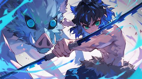 Inosuke Hashibira Demon Slayer Blue Sword Wallpaper - 4K