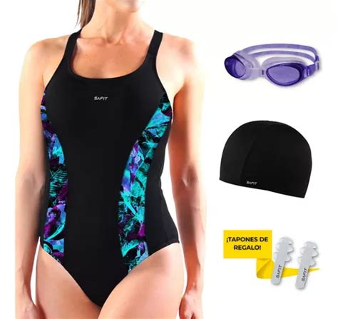 Combo Malla Natacion Mujer Enteriza Antiparra Gorro Tela Cuotas