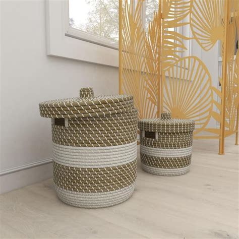 Litton Lane Seagrass Handmade Two Toned Storage Basket With Matching Lids Set Of 2 84465 The