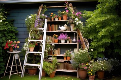 Alte Leiter Wurde In Ein B Cherregal Mit Gartenmotiv Umgewandelt Das