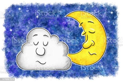 Illustration Of Sleeping Cartoon Moon With Cloud In Watercolor Night Sky Stock Illustration